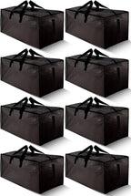 8 Pack Large Strong Bags with Zippers & Carrying Handles - Water-Resistant - Heavy Duty Storage Tote for Space Saving, Fold Flat, Alternative to Moving Box (Black)
