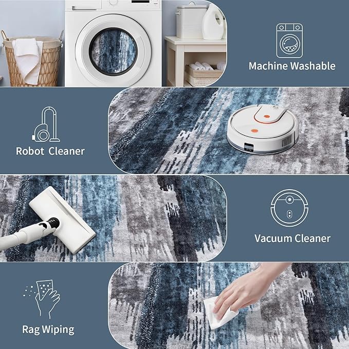 Ciicool 2x5 Washable Runner Rug, Modern Abstract Hallway Rugs Runner, Non-Slip Thin Accent Rug Lightweight Navy Grey Print Distressed Carpet for Laundry Entryway Bedroom Kitchen Bathroom Indoor