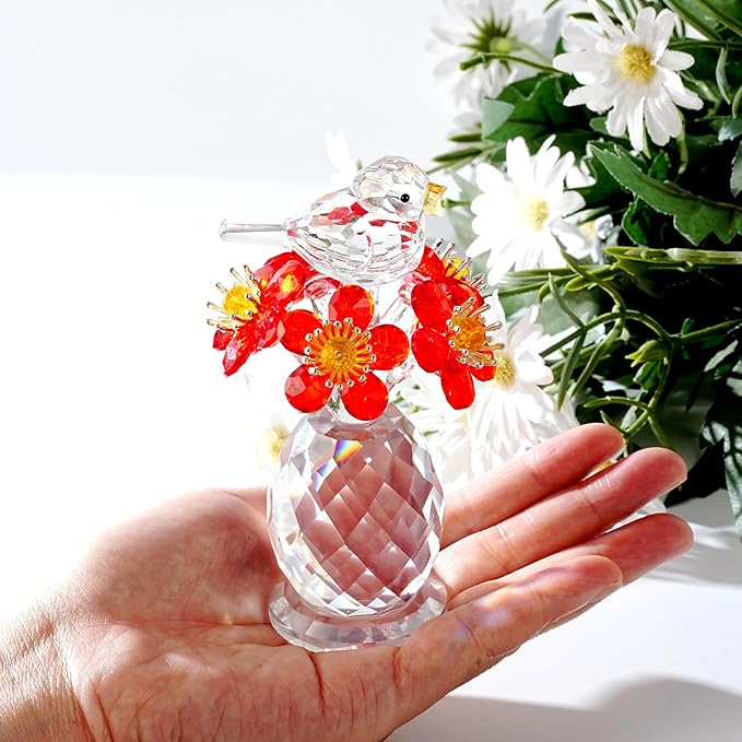 Crystal Bird & Forget-Me-Not Flower Figurine,3x4 inch Glass Flower Collectible Ornaments for Home Decor Table Centerpiece Glass Bouquet Flowers Keepsake Gifts for Women （Red）