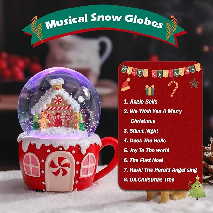 Christmas Snow Globe Musical Gingerbread Men House Christmas Tree Water Snow Globes with 7 Colors Light Change Music Box Home Christmas Decor for Kids