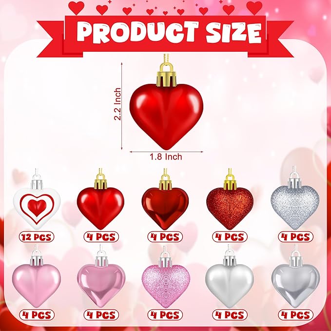 48PCS Heart Shaped Ornaments, Valentine Tree Decorations in 7 Kinds, 4 Colors Glitter Valentine Tree Ornaments, Heart Shaped Decorations for Valentines Wedding Party Hanging Decor