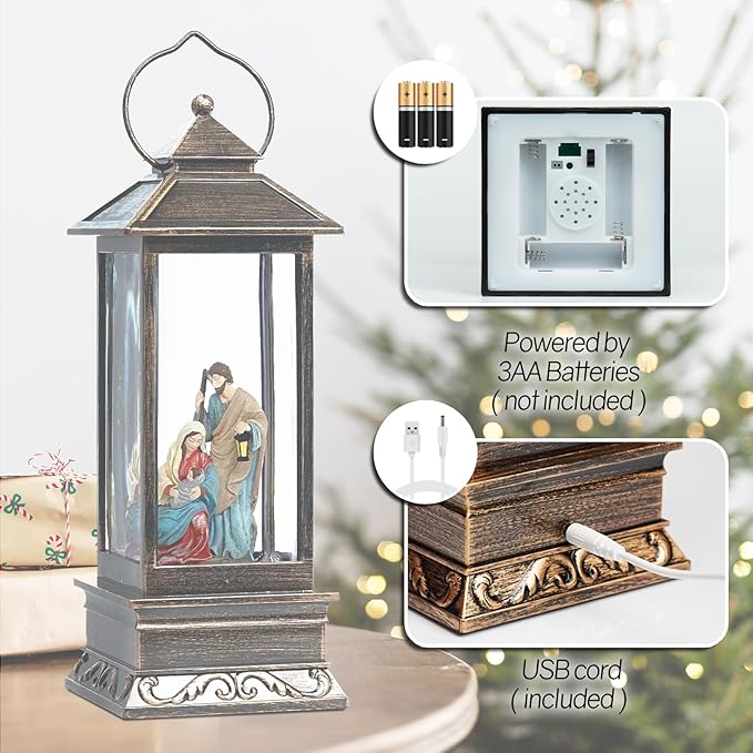 12" Christmas Snow Globe Lantern with Nativity - Water Swirling Glitter LED Light Lantern with Music - Vintage Xmas Gifts - USB Plug or Battery Operated Home Decor (Religious)