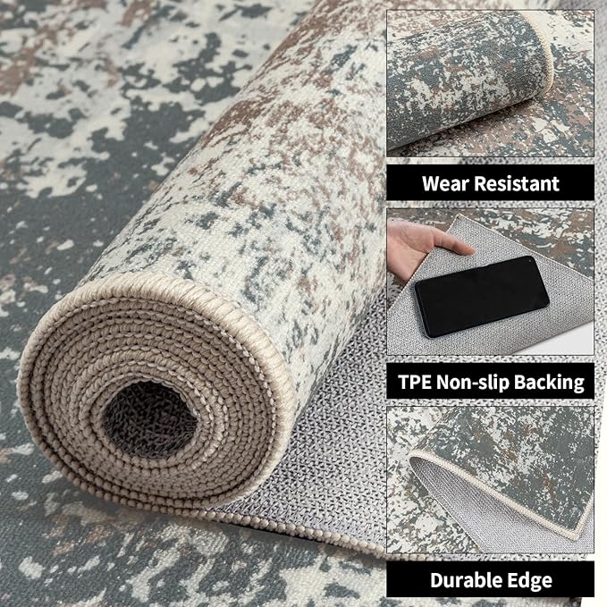 Ciicool 2'6 "x8' Washable Runner Rug, Modern Abstract Hallway Rugs Runner, Non-Slip Thin Accent Rug Lightweight Brown Gray Distressed Carpet Runners for Laundry Entryway Bedroom Kitchen Indoor