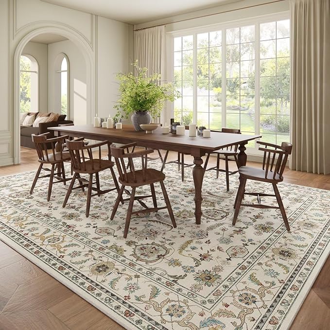 Washable 9x12 Area Rugs for Living Room, Boho Non-Slip Vintage Distress Lager Rugs for Bedroom Dining Room Nursery Office, 0.3" Neutral Oriental Throw Thin Carpet, Beige/Rust/Green/Multi