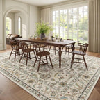 Washable 10x14 Area Rugs for Living Room, Boho Non-Slip Vintage Distress Large Rugs for Bedroom Dining Room Office, 0.3" Neutral Oriental Throw Thin Carpet, Beige/Rust/Green/Multi