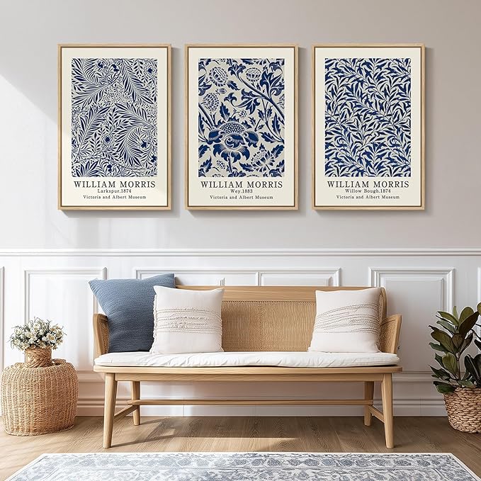 Framed Large William Morris Wall Art Set of 3, Vintage Blue Botanical Floral Canvas Wall Decor Painting, Farmhouse Aesthetic Artwork Prints for Living Room, Bedroom, Hallway, Office, Total Size 30x60