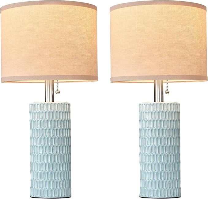 Reaketon 20.5" Modern Ceramic Table Lamps for Bedroom Set of 2, Bedside Lamps for Night Stands with Beige Lampshade, Farmhouse Table Lamp for Living Room Office Dorm, Sky Blue