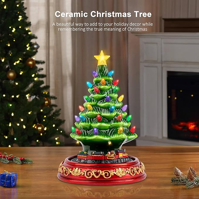 VISFLAIR Ceramic Christmas Tree with Rotating Train- Musical Christmas Tree Decorations with 38 Multicolored Lights for Home Tabletop Decor, Xmas Gift