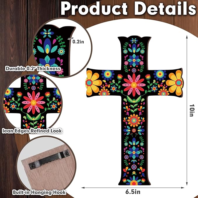TNVDFNBR Floral Mexican Cross Wall Decor, Hand Painted Wooden Cross Wall Art, Mexican Crucifix for Home Room Church Decoration (6.5x10 Inches)-A01