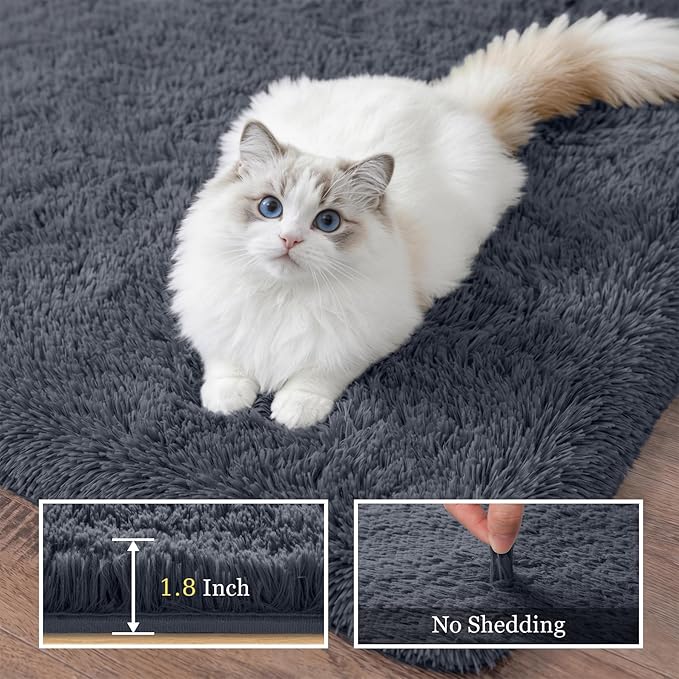 Fluffy 4x6 Area Rugs for Living Room Bedroom: Ultra Soft Shag Rug Non-Slip Non-Shedding Small Plush Bedside Rug Indoor Floor Carpets for Kids Room Playroom Entryway Nursery Dorms Home Decor Grey