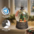 Christmas Tree Snow Globe Christmas Decorations Indoor Gifts Auto Snowfall Glitter Music Collection Teddy Bear Gift Box with 6H Timer USB/Battery Powered 105mm Globe