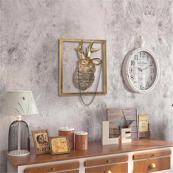 Newinhome Animal Heads Wall Decor (Includes Metal Frame) Resin Animals Sculptures Head Wall Hanging Decoration Gold vintage Wall Sculpture for Living Room Bedroom Office(Jackalope)