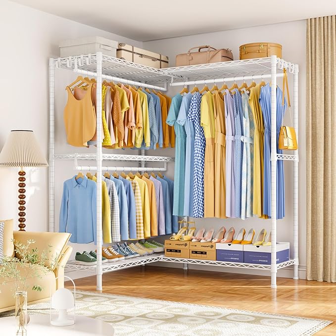 E15 Pro Garment Rack L Shaped Clothes Rack for Corner，Freestanding Clothing Racks for Hanging Clothes，Heavy Duty Closet System with 4 Hanging Rods & 8 S Hooks，48.8"W x 15.8"D x 78.4"H，White