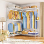 E15 Pro Garment Rack L Shaped Clothes Rack for Corner，Freestanding Clothing Racks for Hanging Clothes，Heavy Duty Closet System with 4 Hanging Rods & 8 S Hooks，48.8"W x 15.8"D x 78.4"H，White