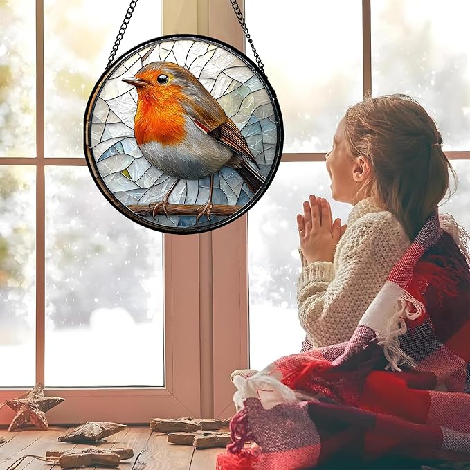 Stained Glass Window Hanging - Orange Grey Robin Sun Catcher for Door Garden Home Decor Bird Lovers Suncatcher Christmas Mother's Day Birthday Gifts for Women Men Mom Nana 7.8 in