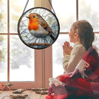 Stained Glass Window Hanging - Orange Grey Robin Sun Catcher for Door Garden Home Decor Bird Lovers Suncatcher Christmas Mother's Day Birthday Gifts for Women Men Mom Nana 15 in