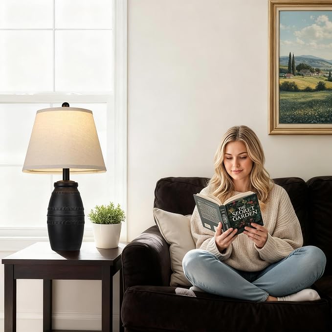 QiMH Farmhouse Table Lamps Set of 2, Bedside Lamps for Living Room, Modern Table Lamp for Bedroom, 21.5" Vintage Rustic Nightstand Lamp with Linen Shade, Black Retro Side Table Lamp for Office Home