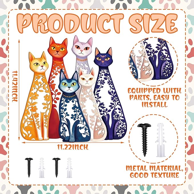 Wesiti Cat Wall Art Decor Iron Wall Sculptures Decor for Cats Lover 11.42 x 11.22 Inches Colorful Mid Century Cat Retro Signs for Home Living Room Bedroom Kitchen Office