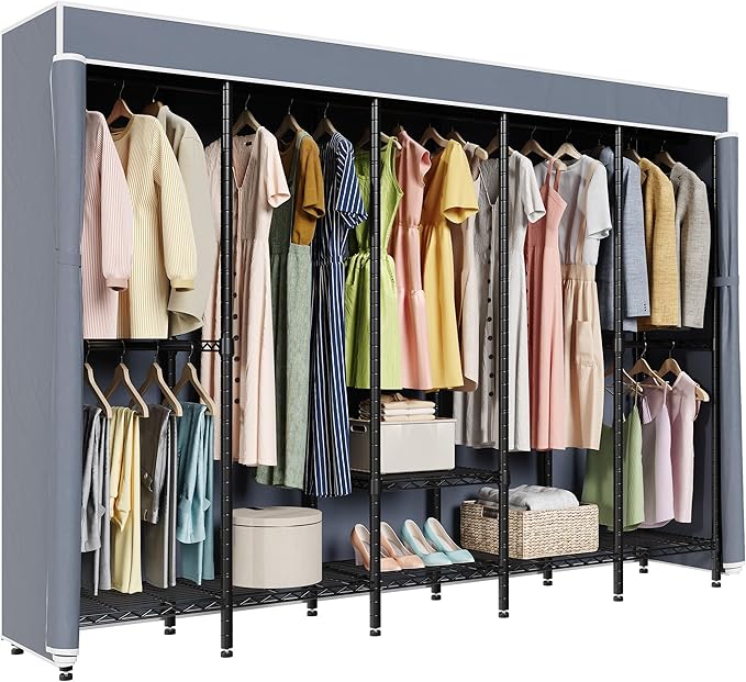 94.5"W Heavy Duty Garment Rack with Cover, H5C Large Clothes Rack with Adjustable Shelves and Hanging Rods Dustproof Closet for Storage and Organizer, Black Rack with Grey Cover, Load 1400 lbs