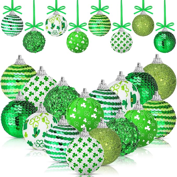 Zeyune 16 Pcs St Patricks Day Tree Decoration 2 Inch St. Patrick's Day Shamrock Ornament Irish Hanging Sequin Ball Home Ornament for Tree Glitter Luck Clover Ball for Party Decor