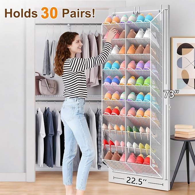 30 Pairs Over the Door Shoe Organizer, Breathable Mesh Pocket Hanging Shoe Storage for Closet, 10-Tier Door Shoes Rack, Handing Shoes Holder Fit All the Family's Sneakers, Boots, Heels, Light Grey