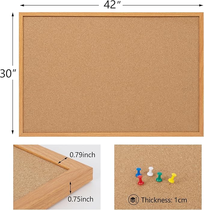 Cork Board Bulletin Board 30 x 42, Oak Framed 4x3 Corkboard, Office Board for Wall Decor, Large Wall Mounted Notice Pin Board with 15 Push Pins for School, Home & Office