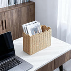 Paper Rope Magazine Holder for Floor with Scalloped Edge, Tall Narrow Wicker Magazine Basket – Book Basket, File Holder & Mail Basket for Living Room, Office & Bedroom