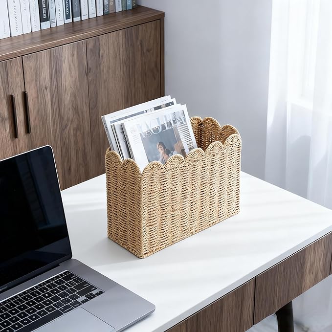 Paper Rope Magazine Holder for Floor with Scalloped Edge, Tall Narrow Wicker Magazine Basket – Book Basket, File Holder & Mail Basket for Living Room, Office & Bedroom