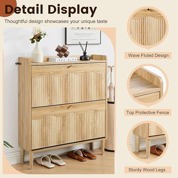 BERRYMERRY 31.5” Fluted Shoe Storage Cabinet for Entryway, 2 Flip Drawers Narrow Shoe Organizer Cabinet with Wave Profile for Hallway,Living Room