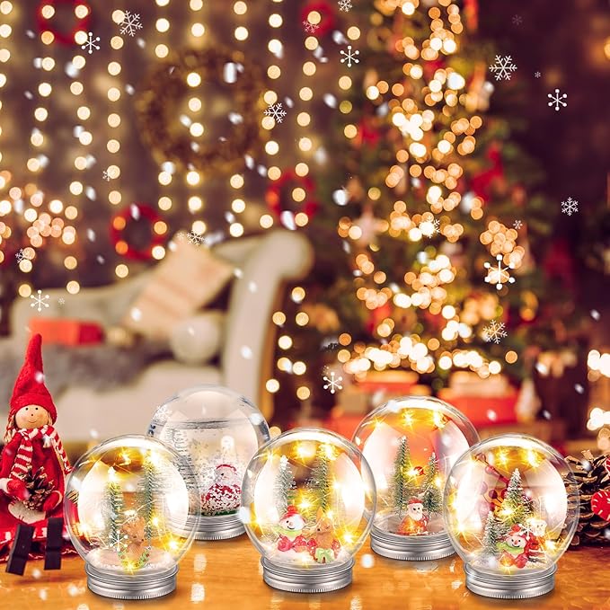 Liliful 30 Pack Christmas DIY Snow Globe Kit Including 3.58 Inch LED Plastic Snow Globe with Screw Off Cap Artificial Mini Tree Snowman Santa Deer Pine Cones and Lights for Party Decorations