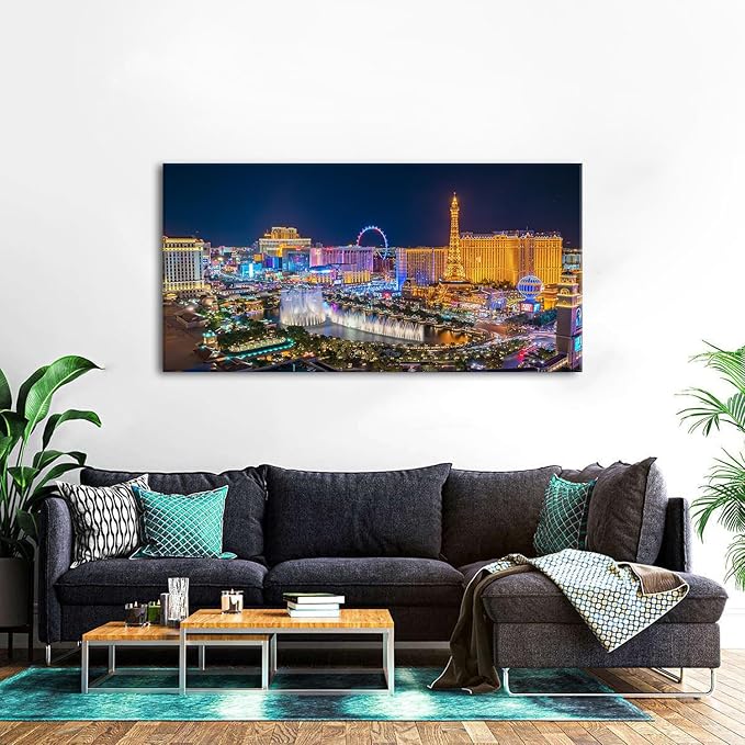 AIYISU Las Vegas Wall Art Skyline Cityscape Picture Wall Decor City Lconic Landscape Picture Nevada Sign Canvas Prints Painting Poster Modern Artwork for Bedroom Living Room Home Decoration 24x48”