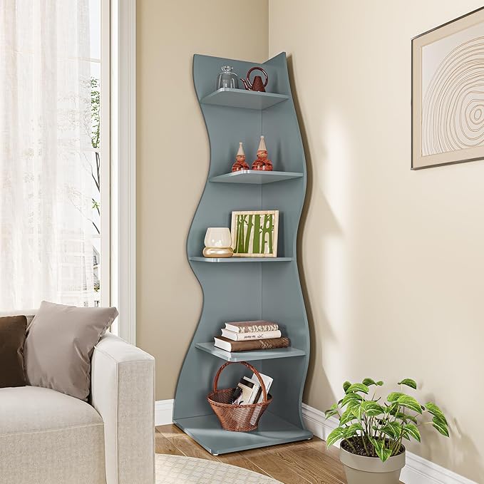 LITTLE TREE Small Corner Shelf, Modern 5-Tier Wall Corner Bookshelf, Stylish Bookcase Storage Rack for Small Space, Living Room, Bedroom, Blue, 1 Pack