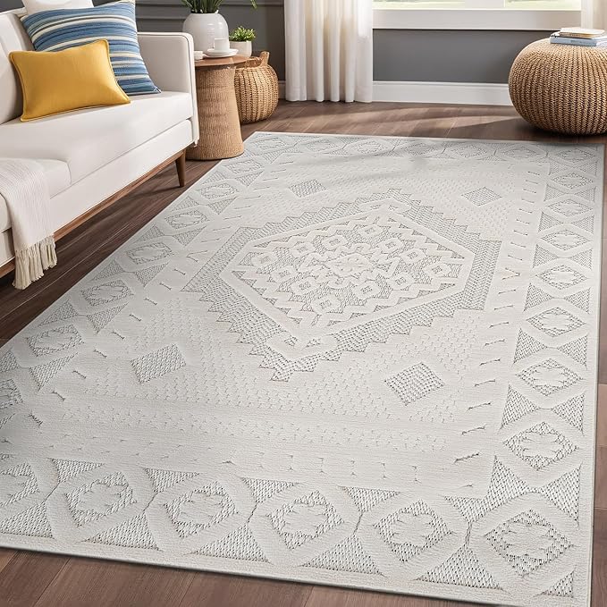 Modern Micro Loop Indoor Area Rugs for Living Room Bedroom Kitchen Geometric Trellis White 4x6 Luxury Durable Low and High Pile Non-Shedding Stain Resistant Soft Area Carpet 4 x 6