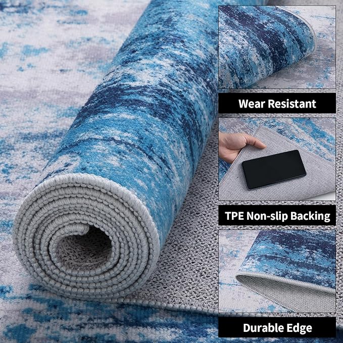 Ciicool Modern Abstract Rug for Living Room, 5'x7' Machine Washable Area Rug Non-Slip Rug, Low-Pile Contemporary Indoor Dining Floor Carpet for Bedroom Office Under Table Home Decor Grey Blue