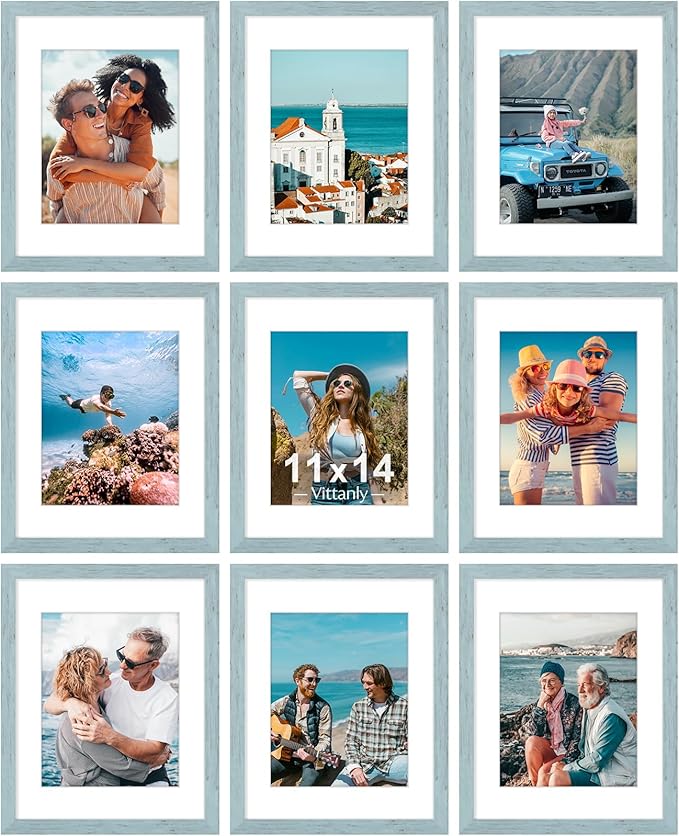 Vittanly 11x14 Picture Frames Set of 9, Shatter Resistant Plexiglass, Display 8x10 Pictures with Mat or 11x14 without Mat, Photo Frames for Wall or Tabletop, Engineered Wood, Rustic Blue