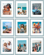 Vittanly 11x14 Picture Frames Set of 9, Shatter Resistant Plexiglass, Display 8x10 Pictures with Mat or 11x14 without Mat, Photo Frames for Wall or Tabletop, Engineered Wood, Rustic Blue