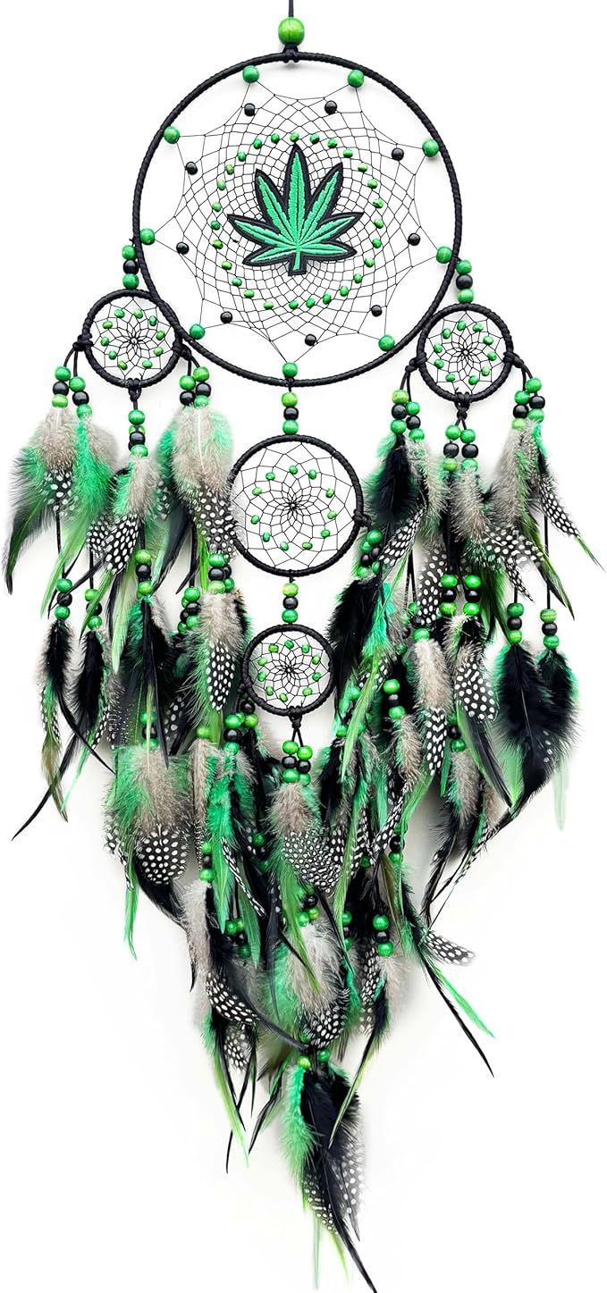 Large Green Leaf Weed Dream Catchers for Bedroom Adult Green Boho Dream Catcher Wall Decor Dorm Living Room Hanging Decoration Festival Gifts