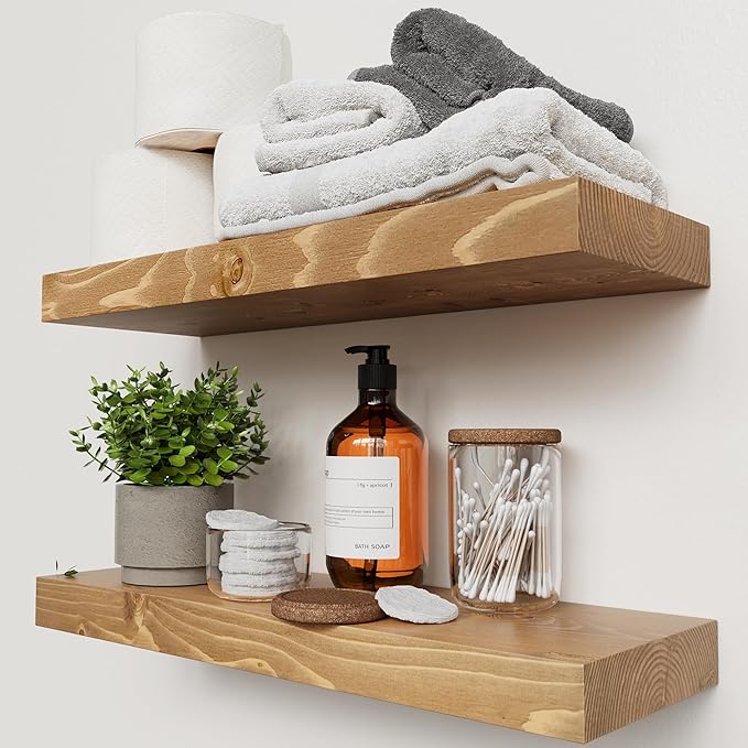 BAOBAB WORKSHOP Natural Wood Floating Shelves for Wall 20 Inch Wide, Solid Wooden Shelf 20 In, Bathroom Shelves for Room Wall Mounted Kitchen Rustic Farmhouse, Oak Floating Shelf, 20W × 6.7D, Set of 2