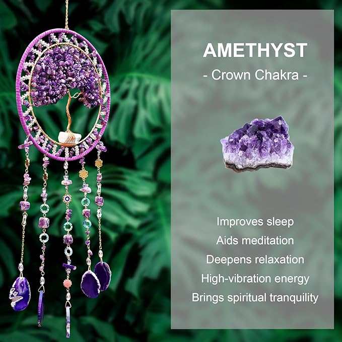 Tree Life Dream Catcher and Sun Catcher, Handmade Healing Crystal Boho Window Hanging for Home Decor, Rainbow Maker Wall Decor, for Women, Housewarming (Purple)