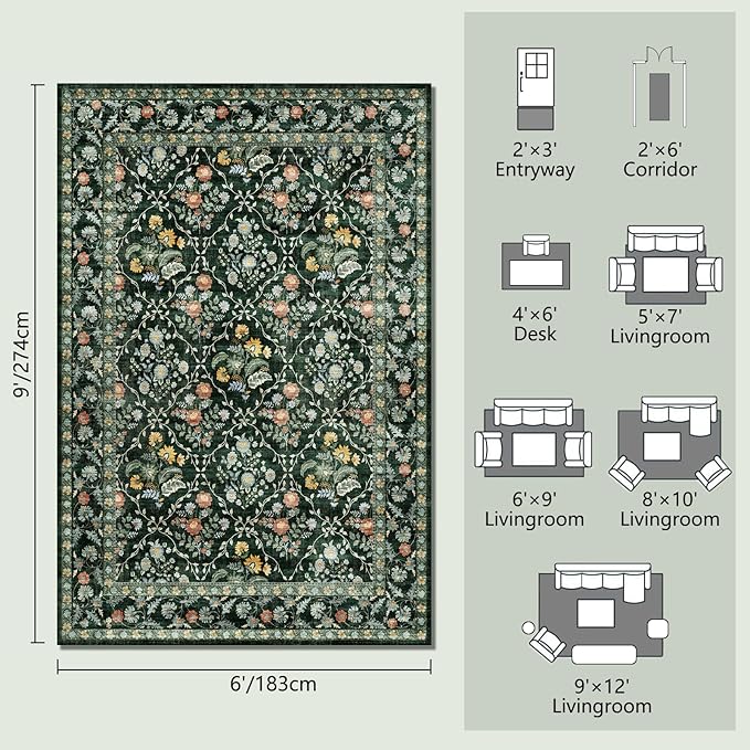 Vintage Botanical Dark Green Area Rug 6x9 Elegant Floral Pattern, Durable Stain-Resistant Fabric, Perfect for Living Room, Bedroom, Dining Room Decor