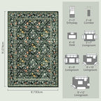 Vintage Botanical Dark Green Area Rug 6x9 Elegant Floral Pattern, Durable Stain-Resistant Fabric, Perfect for Living Room, Bedroom, Dining Room Decor