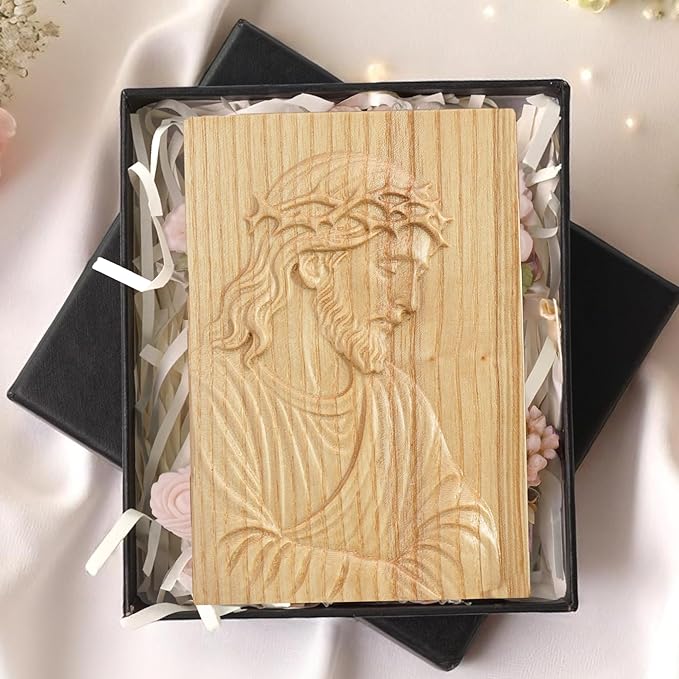 Hand-Carved Wooden Jesus Plaque – Christian Wall & Desk Decor with Stand, Natural Wood Relief Art, Catholic Religious Gift, Gift-Ready Box for Home Altar, Easter & Christmas