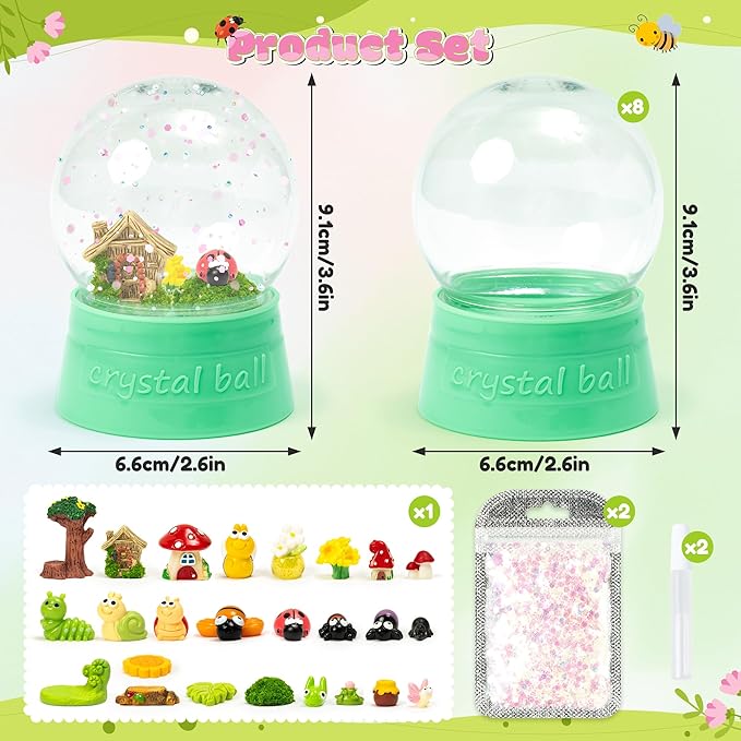 Spring Snow Globes Craft Kit - 8 Set DIY Plastic Snow Globe Craft with Mini Resin Butterfly Bee, Make Your Own Party Favor Decor with Glitter for Classroom Activity Gift (Insect)