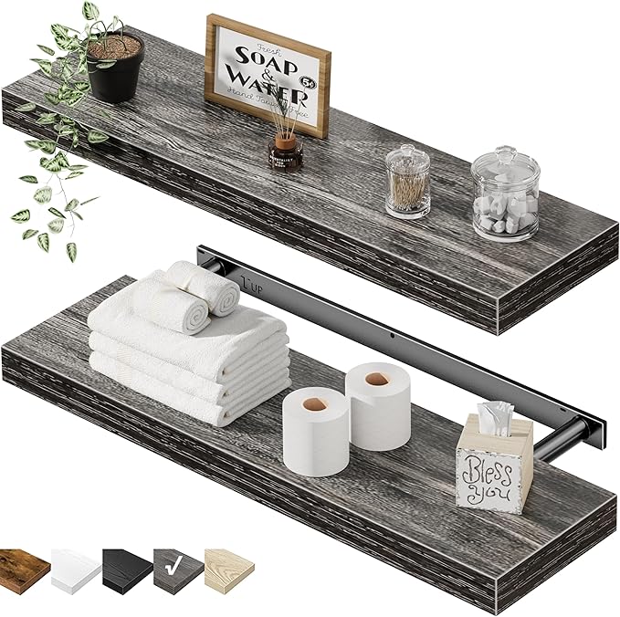 QEEIG Floating Shelves for Wall 23.6" Long - Wall Mounted Shelf Bathroom Kitchen Living Room Bedroom Farmhouse Home Decor Display Bookshelf Large 23.6 x 9.3 inch Set of 2, Grey (008-60GY)