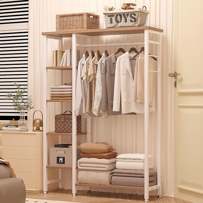 VECELO Open Garment Clothing Rack, Free-Standing Heavy Duty Storage Closet with 5 Shelves and Hanging Rod for Small Spaces, Max Load 350LBS, White Oak