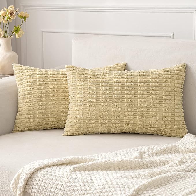 MIULEE Pack of 2 Corduroy Decorative Lumbar Throw Pillow Covers 20x12 Inch Soft Boho Striped Pillow Covers Modern Farmhouse Home Decor for Sofa Living Room Couch Bed Beige