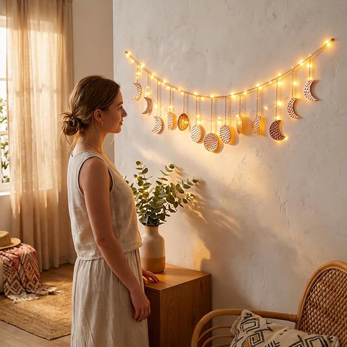 opulinea Boho Moon Phase Wall Hanging, Rose Gold Hammered Metal LED Celestial Garland for Bedroom Witchy Home Christmas Decor