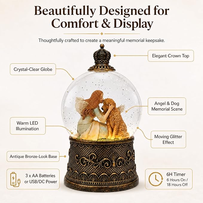 Dog Memorial Gifts for Loss of Dog Sympathy Gift，Snow Globe with Auto Swirling Glitter & 6H Timer, Battery or USB Powered, Dog Passing Away Gifts for Home Decor