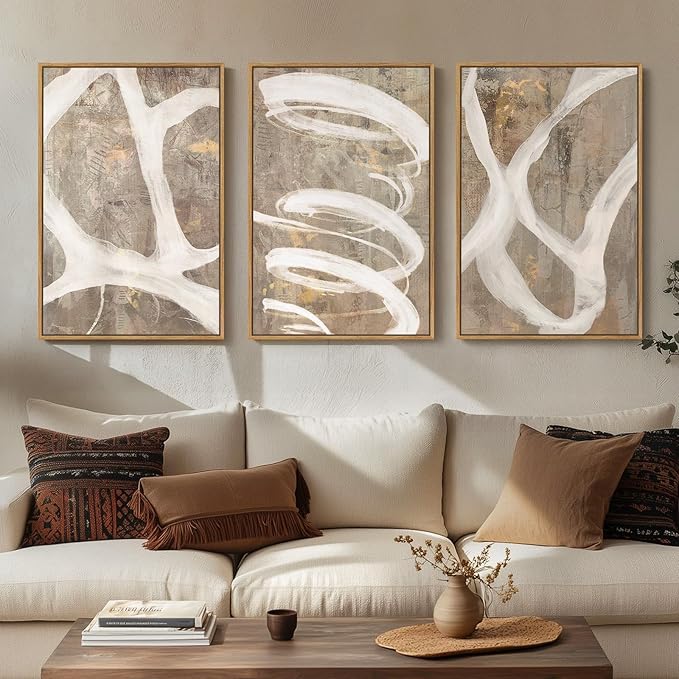 Large Framed Neutral Abstract Wall Art, Set of 3 Piece Modern Canvas Prints Paintings Artwork for Walls, Minimalist Beige Taupe White Pictures for Living Room Dining Bedroom Hallway Wall Decor 20x30In