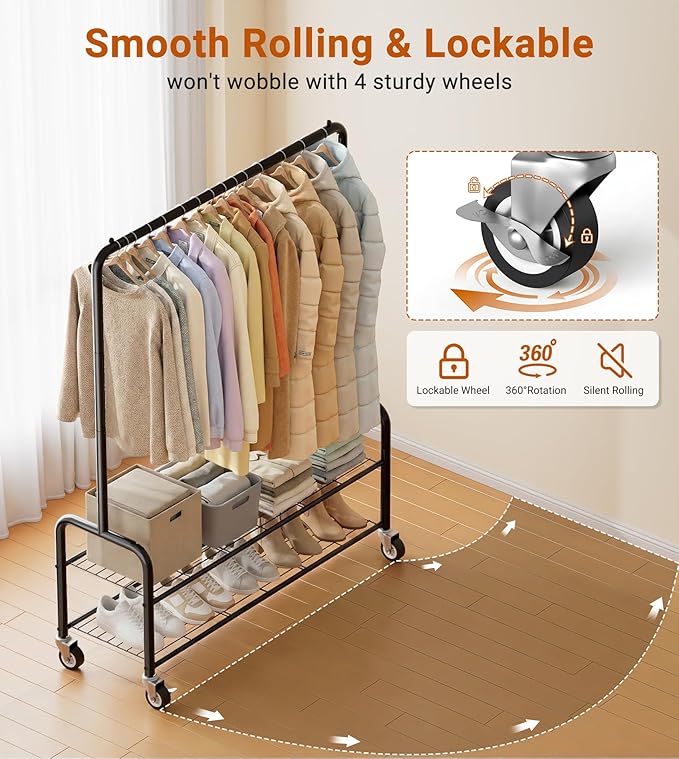 AOODA Heavy Duty Clothes Rack with Shelves, 46.5'' Metal Rolling Clothing Racks for Hanging Clothes, Wardrobe Garment Rack with Lockable Wheels for Coats, Shirts, Shoe Boxes (Black)